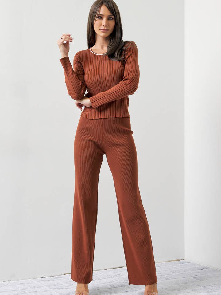 BROWN Oakley Ribbed Knit Long Sleeve & Pants Set for wholesale on Faire