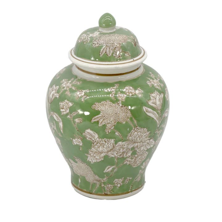 Galt International Company - Wholesale Decorative Jar - Green & White Floral Peony Ceramic Chinoiserie Jar 12"1
