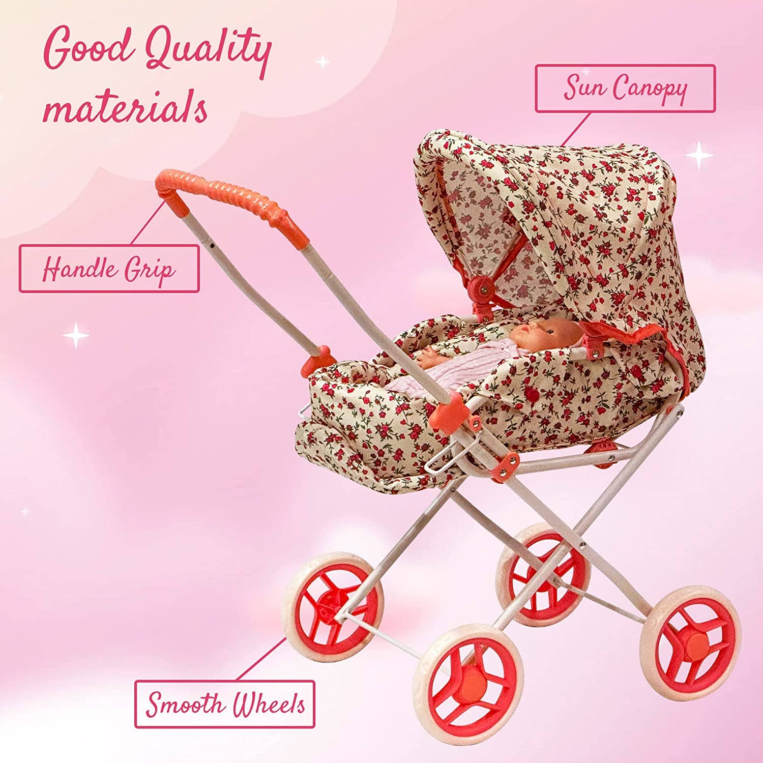 The New York Doll Collection - Wholesale Doll Stroller - Kids - Heart Printed Doll Bassinet Stroller with Travel Carry Bag7