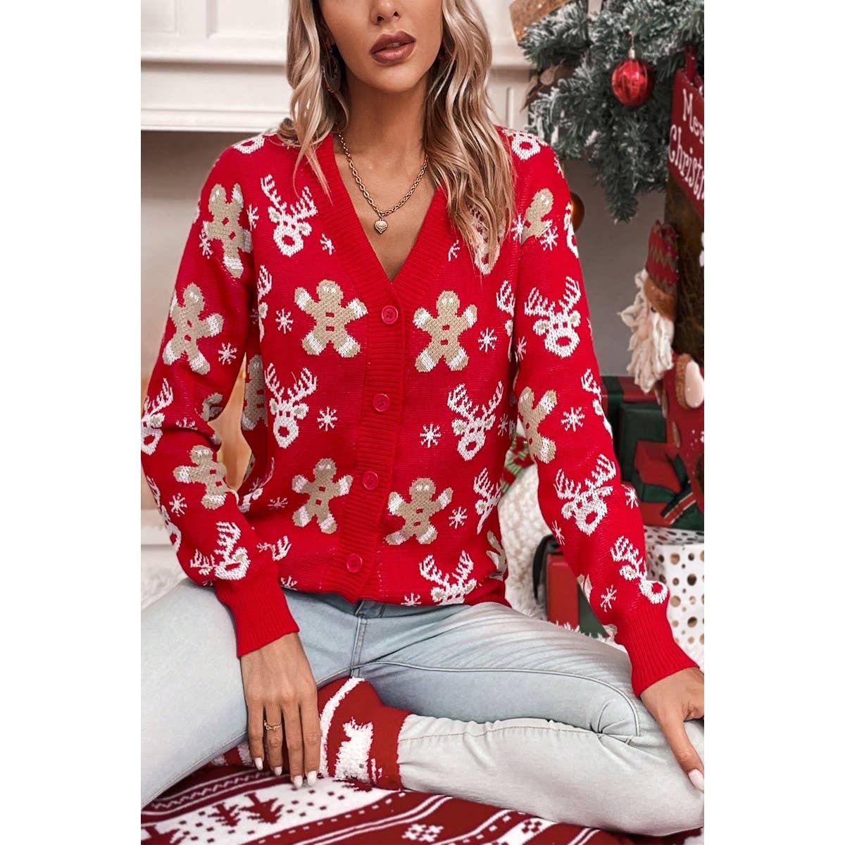 RED Elk Gingerbread Man Snowflake V Neck Cardigan for wholesale on Faire0