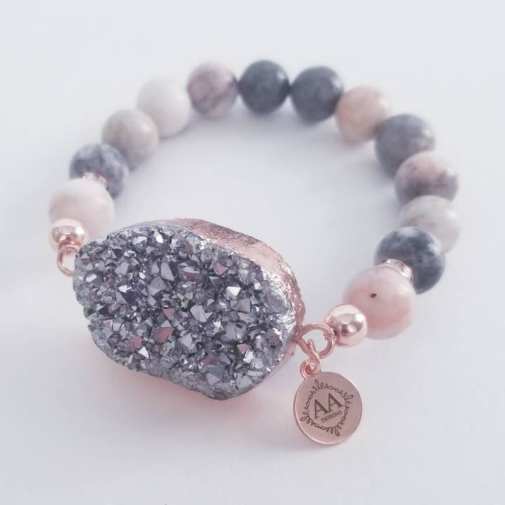 Pink Zebra Jasper, Silver Druzy Agate Pendant- Rose Gold for wholesale by AA Designs Jewelry