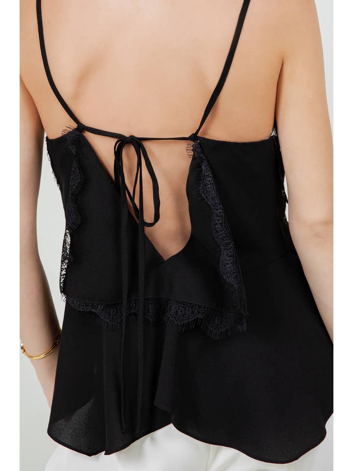 Ivory Black LACE + CONTRAST SATIN TANK TOP W TIE BACK - IVORY/BLACK for wholesale on Faire