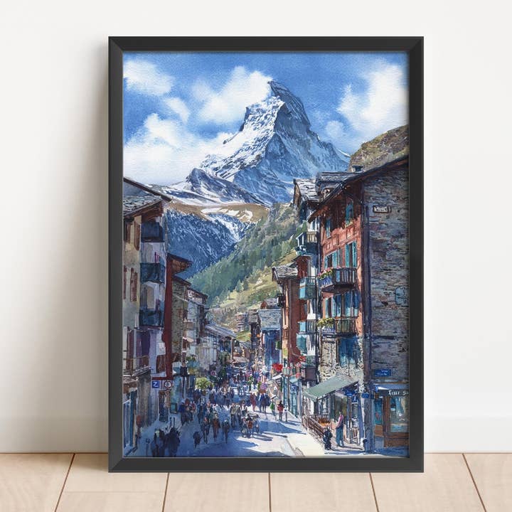 Zermatt Schweiz Akvarel Kunst Zermatt Rejseprint Zermatt Kunstværk Zermatt Schweiz Dekoration Schweiz Vægkunst for engroshandel hos Premium Travel Art