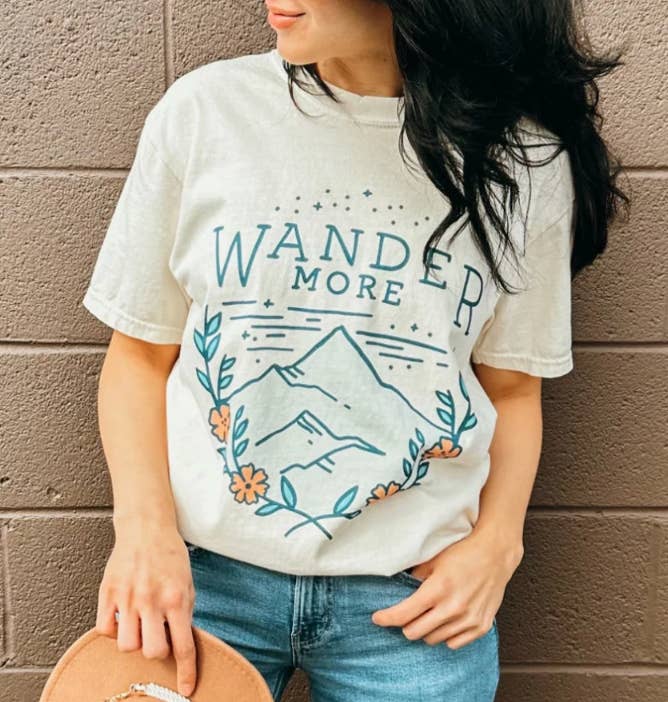 Eleven Fashion - Wholesale Screen Printed T-Shirt - Women's - Wander More Floral Shirt, Mountains Shirt