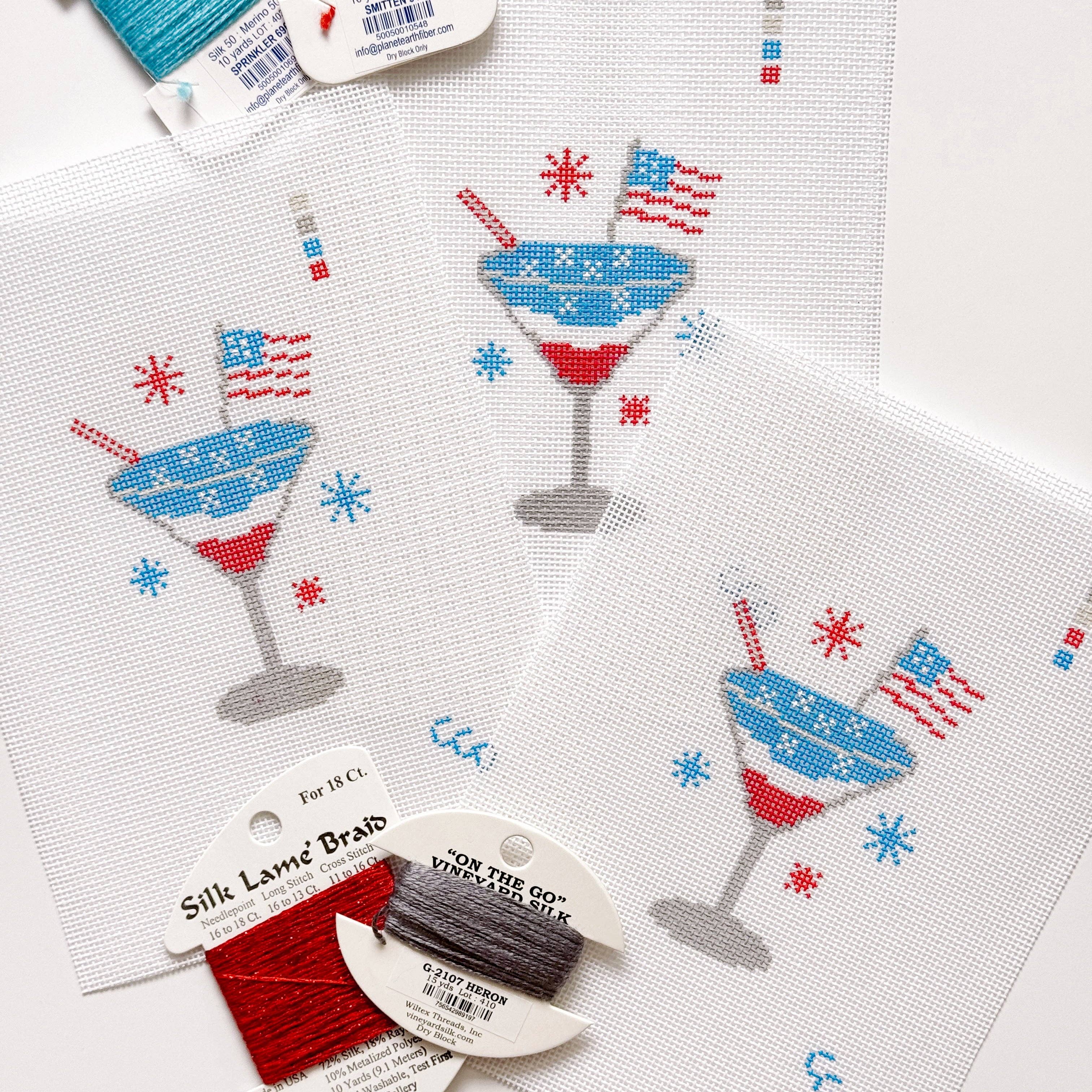Cotswold Co Designs - Wholesale Embroidery/Cross Stitch Supplies - Patriotic Martini Needlepoint Canvas, Hand Painted, 18 Mesh, 2.5"x3" Design5