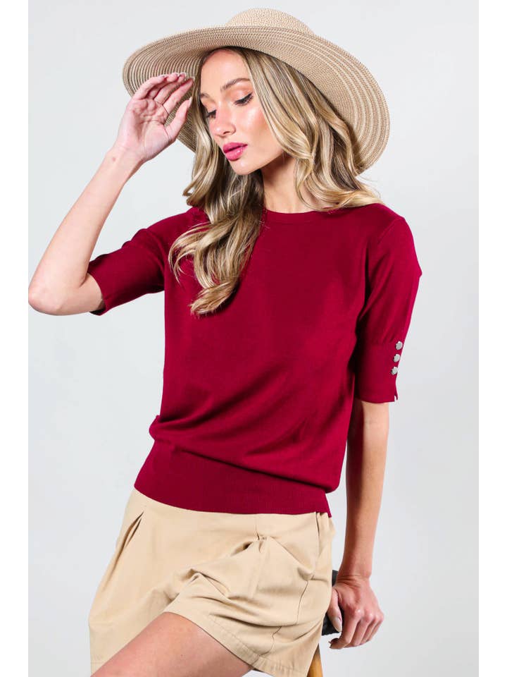 Vine & Love - Wholesale Knit Sweater - Women's - Crew Neck Short-Sleeve Button Detail Sweater Top VT81653-4