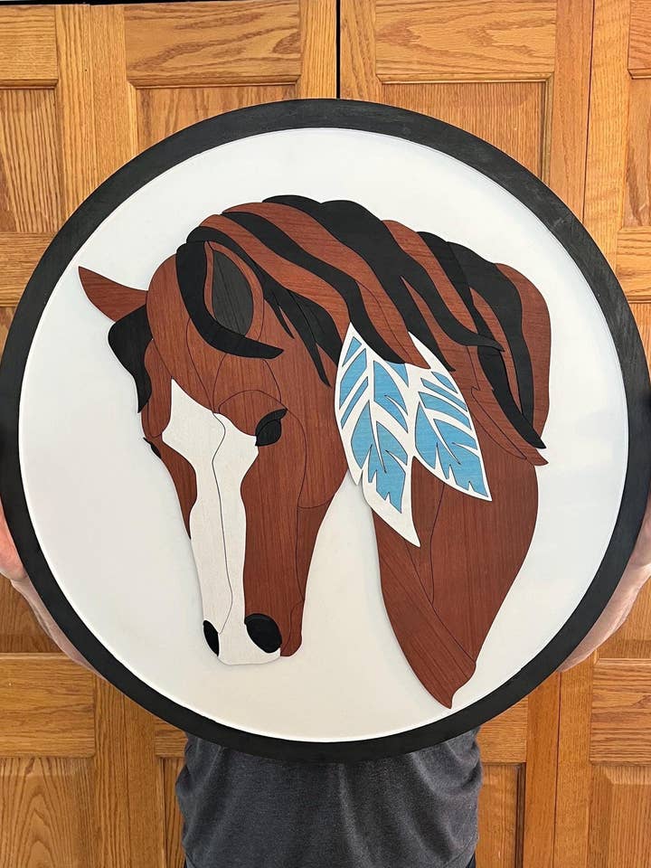 3D Mosaic Horse Head Wall Art with Feather Decor for wholesale by 347 Laser Customs