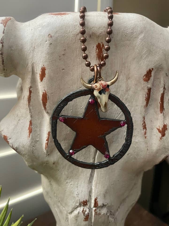 Rustic TEXAS STAR necklace with colorful skull charm for wholesale by The Rustic Barn