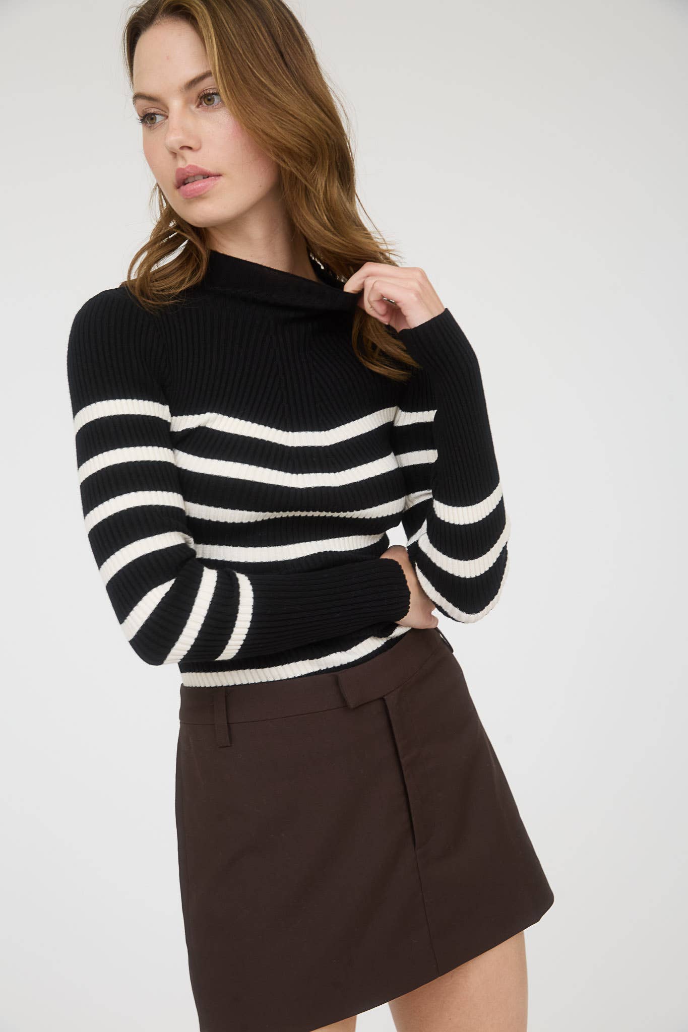 The Workshop Studio - Wholesale Knit Sweater - Women's - MOCK NECK STRIPE LONG SLEEVE SWEATER KNIT PULLOVER3