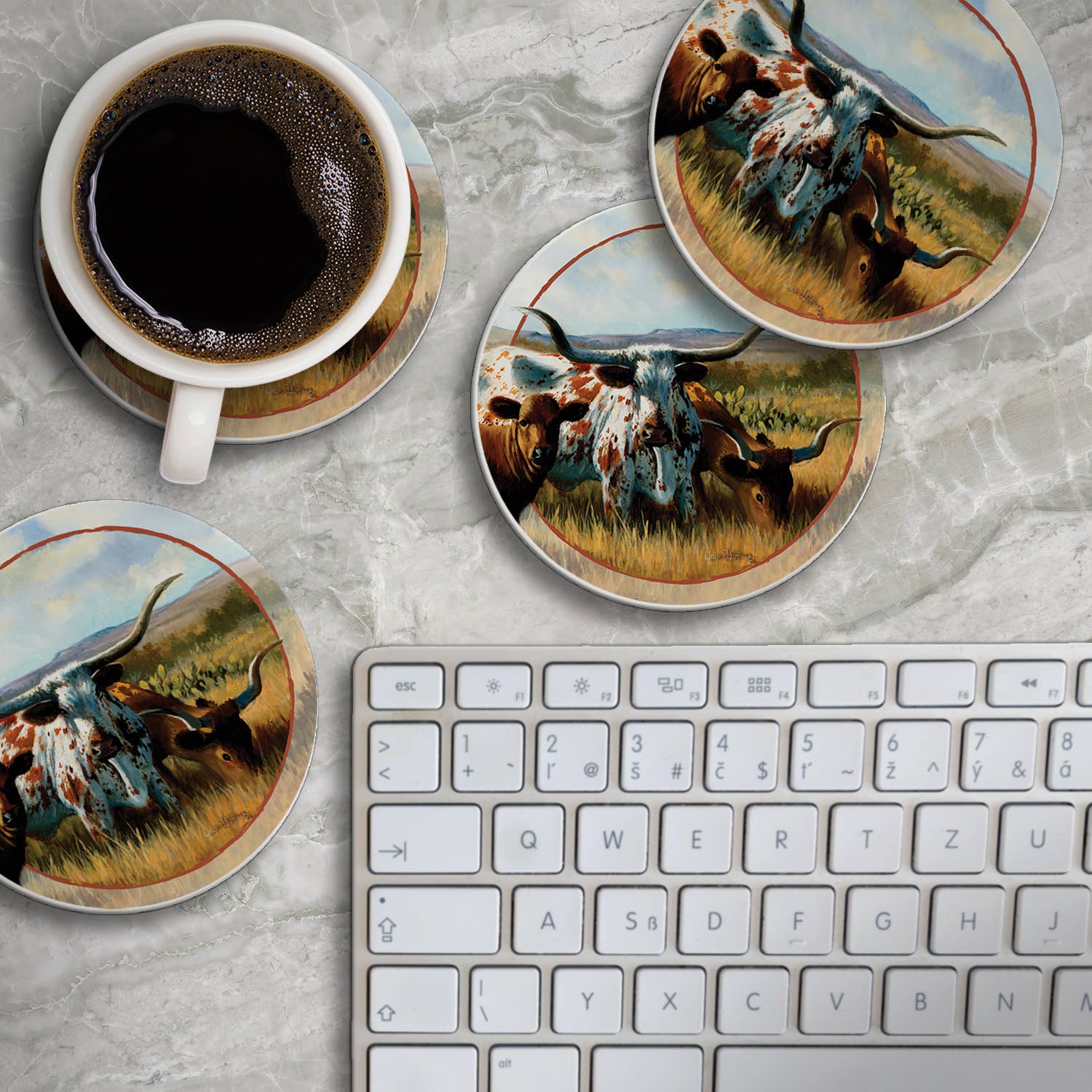 CounterArt/Highland Home/Thirstystone - Wholesale Coasters - Thirstystone "Longhorns" Round Absorbent Stone Coaster 4pk4