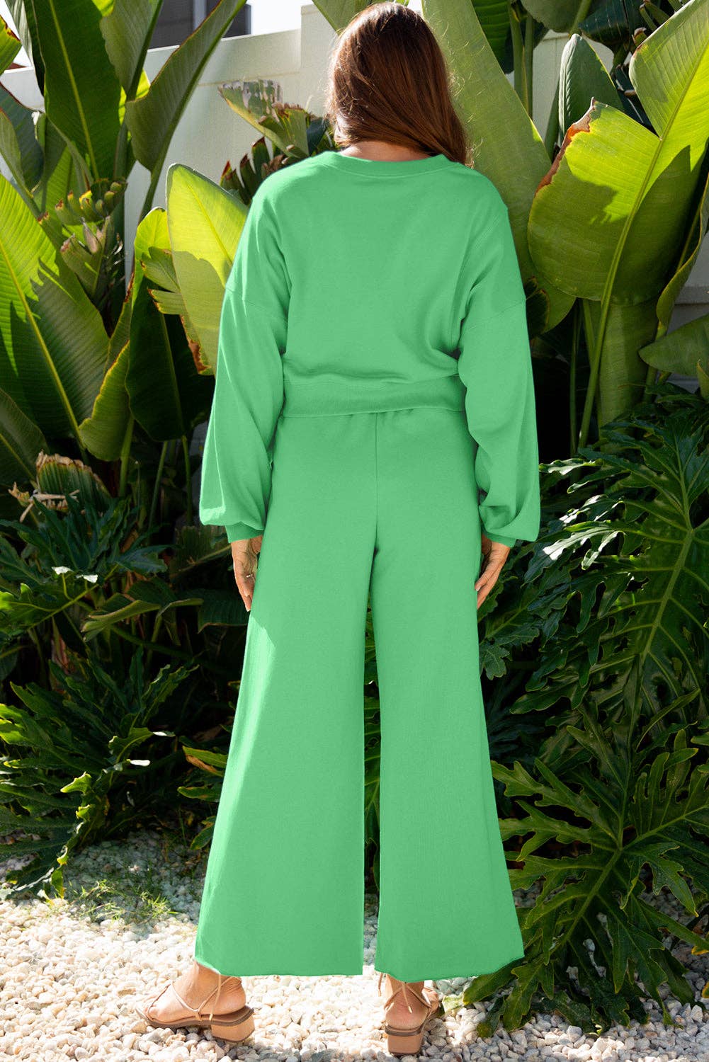 Bright Green Drop Shoulder Crop Pullover Drawstring Wide Leg Pants Set for wholesale on Faire1
