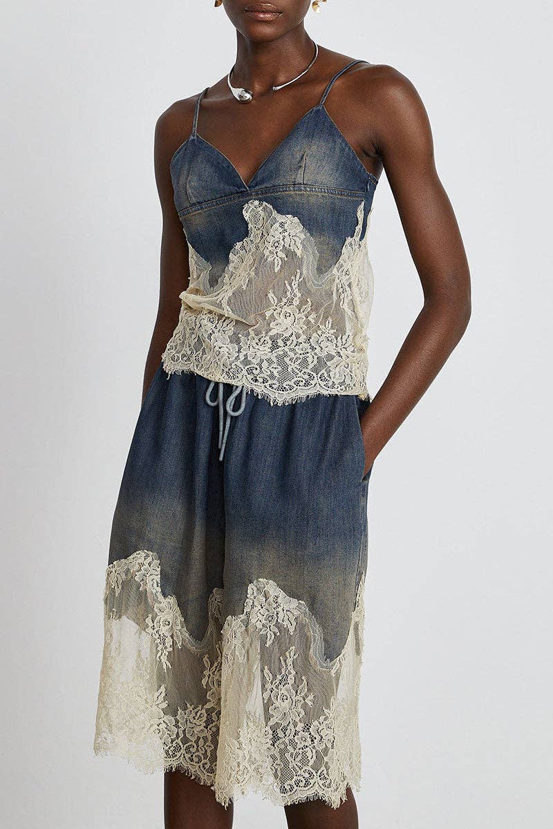 BLUE Lace-Trim Denim Short for wholesale on Faire0