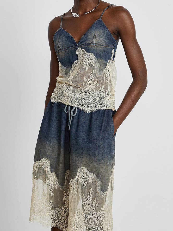 BLUE Lace-Trim Denim Short for wholesale on Faire