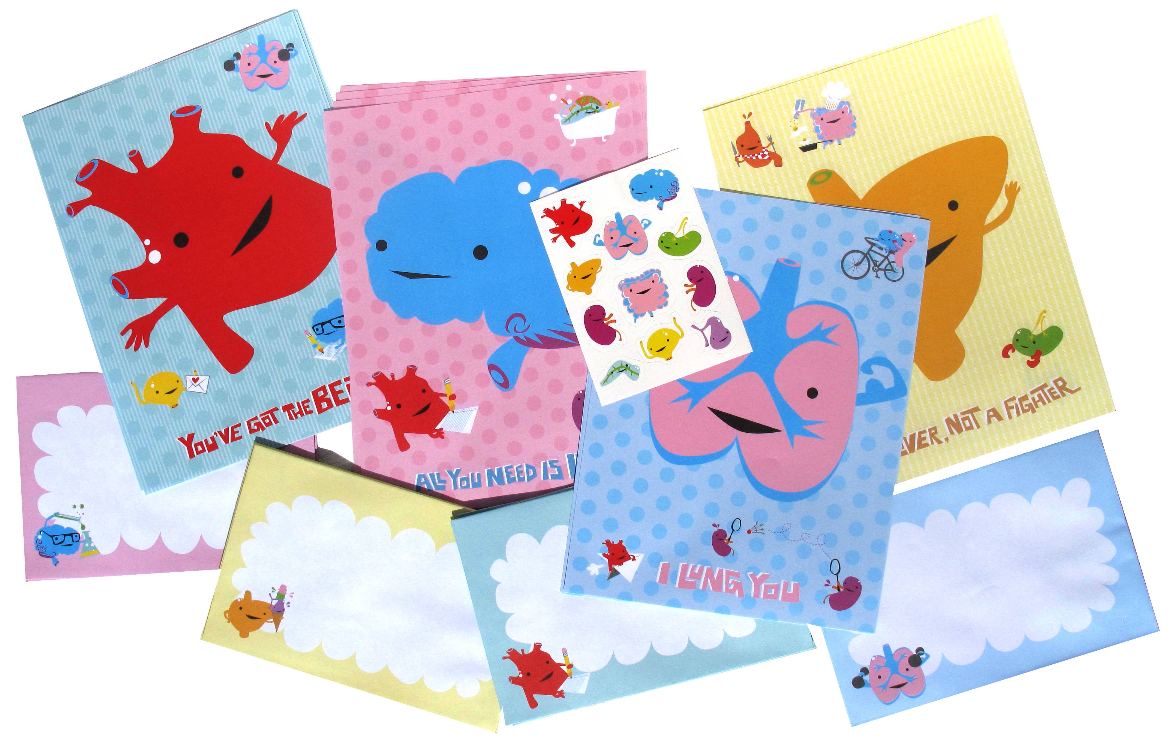 I Heart Guts | Organ Plushies Wholesale - Wholesale Stationery/Notecard Set - Guts Mix and Match Stationery Set With Stickers3
