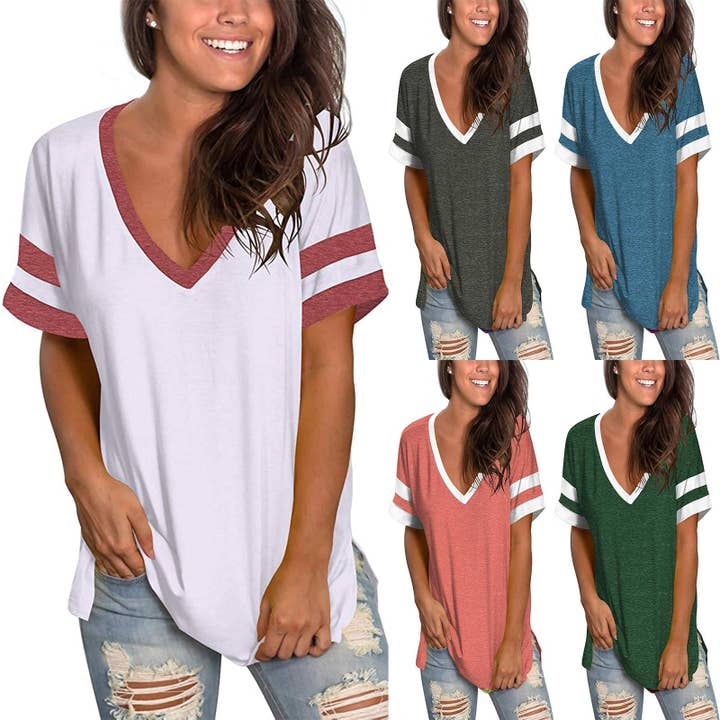 KK Bloom – wholesale Tunic – Women’s – Solid Color V-neck Stitching Short-sleeved Loose T-shirt