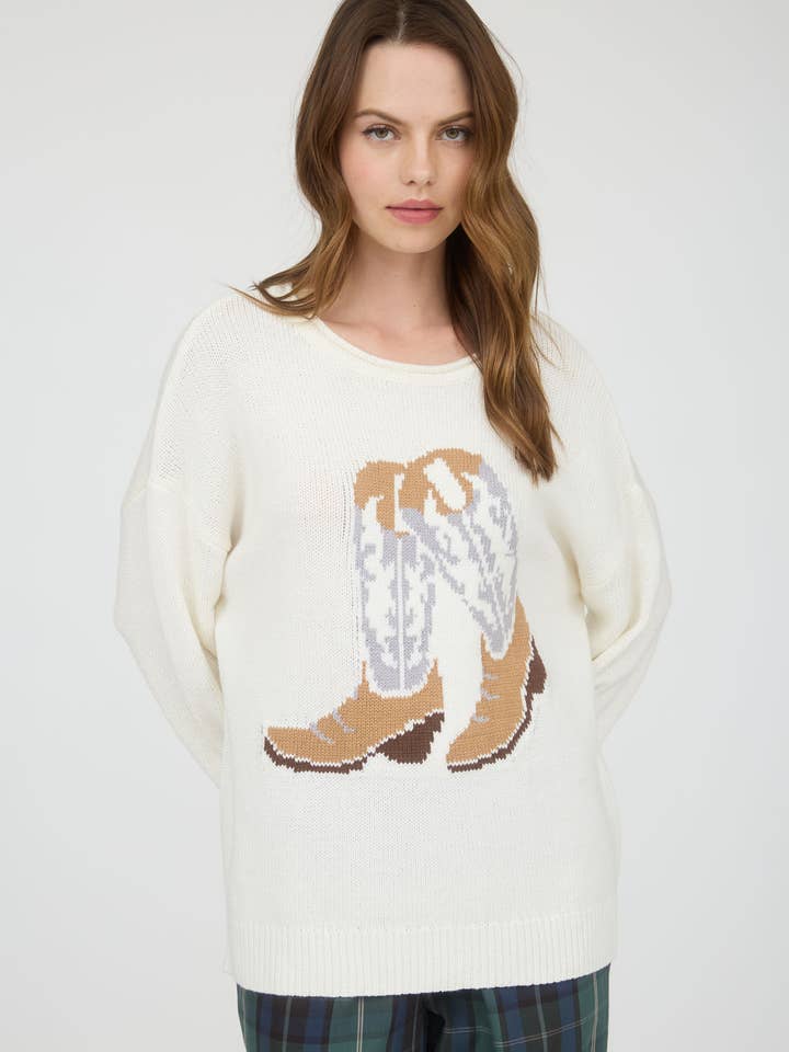 Blu Pepper - Wholesale Knit Sweater - Women's - WESTERN BOOT JACQUARD LONG SLEEVE KNIT SWEATER 14