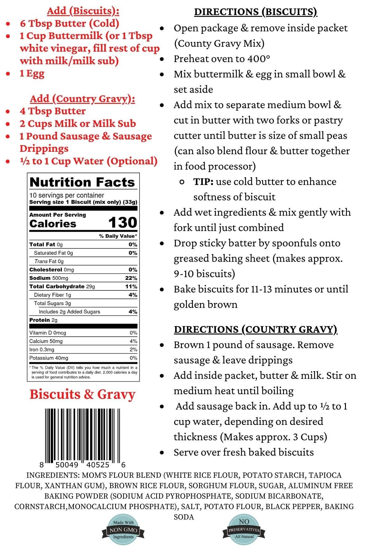 Mom's Place Gluten Free - Vente Préparation pour biscuits - Mélange pour biscuits au babeurre et sauce country sans gluten2