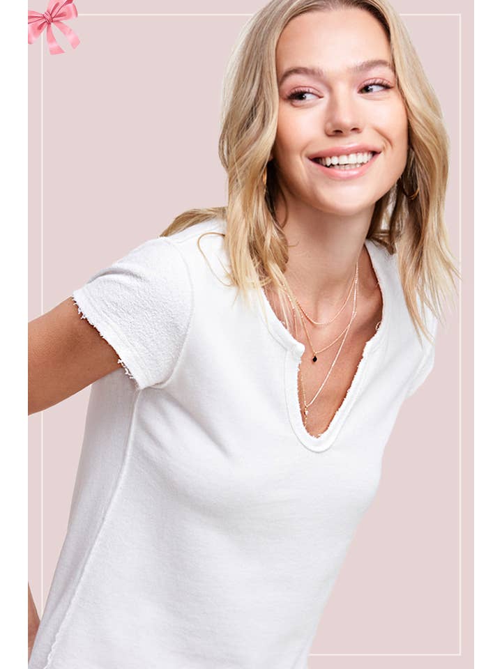 La Miel - Wholesale Knit Top - Women's - JBT7655-Textured Soft Terry Fabric Raw Edge Short Sleeve Top