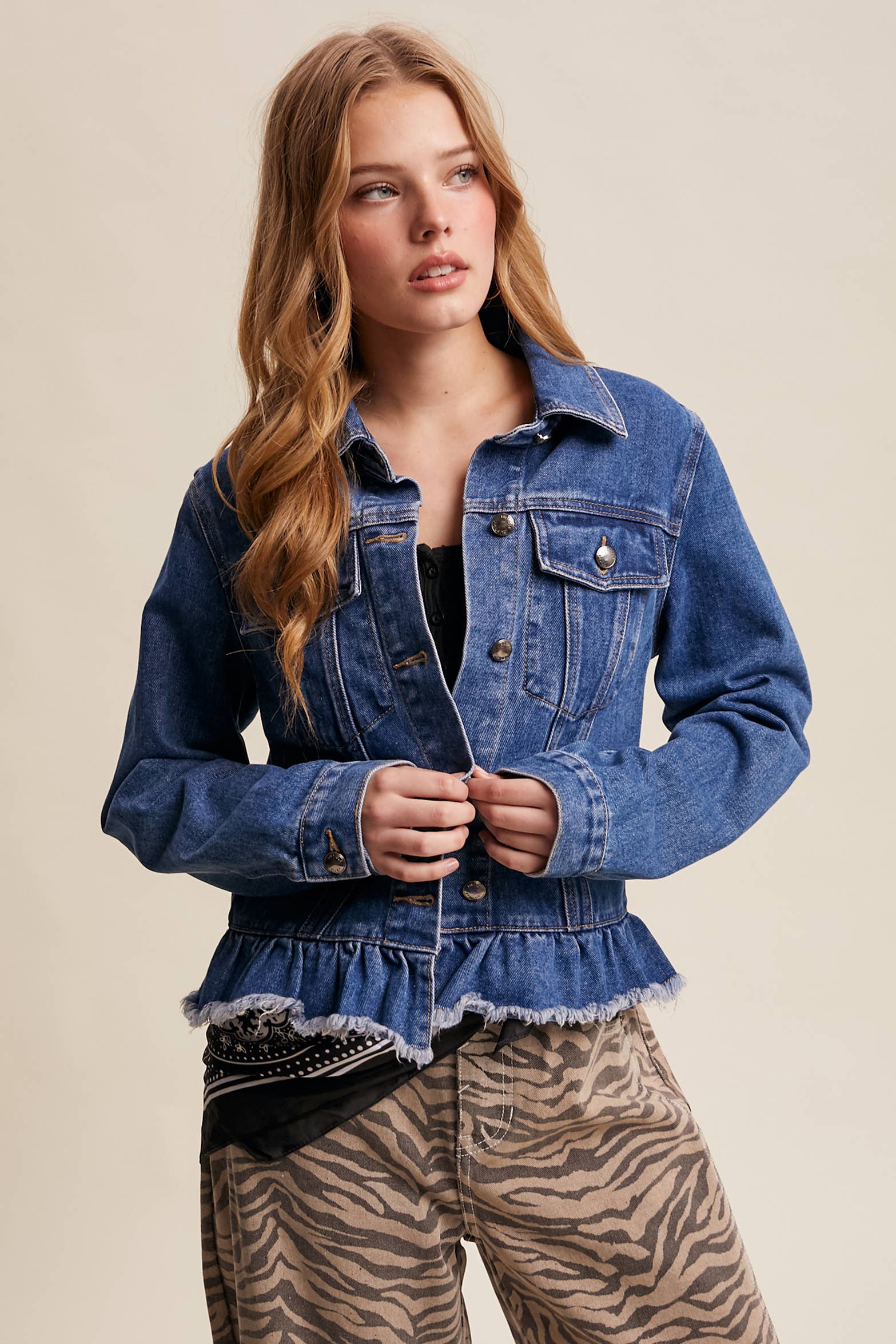 Listicle - Wholesale Denim Jacket - Women's - Ruffled Hem Denim Jacket LJ023617