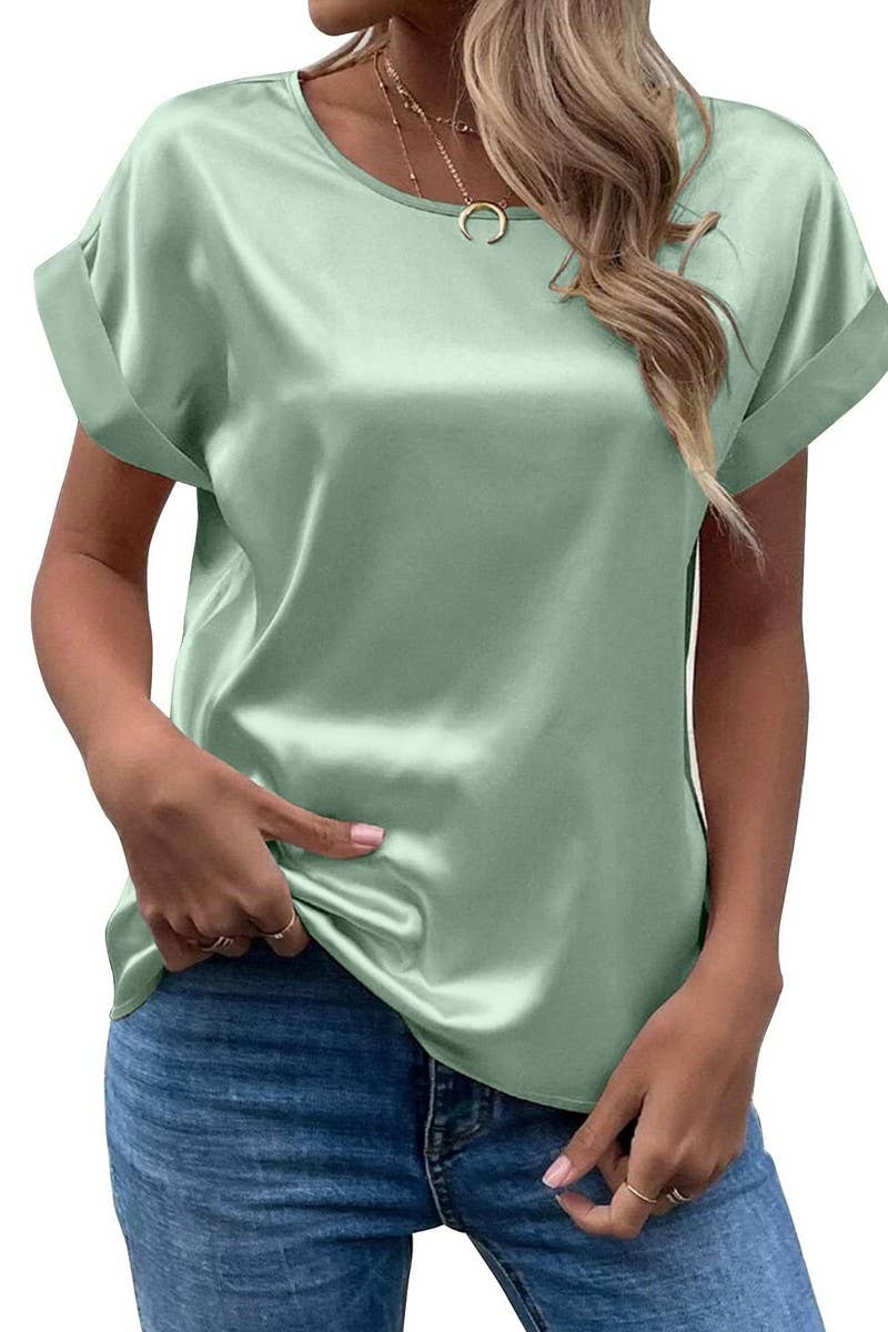NINEXIS - Wholesale Blouse - Women's - CWTBLS1775_SATIN ROUND NECK LOOSE SHORT-SLEEVED TOP10