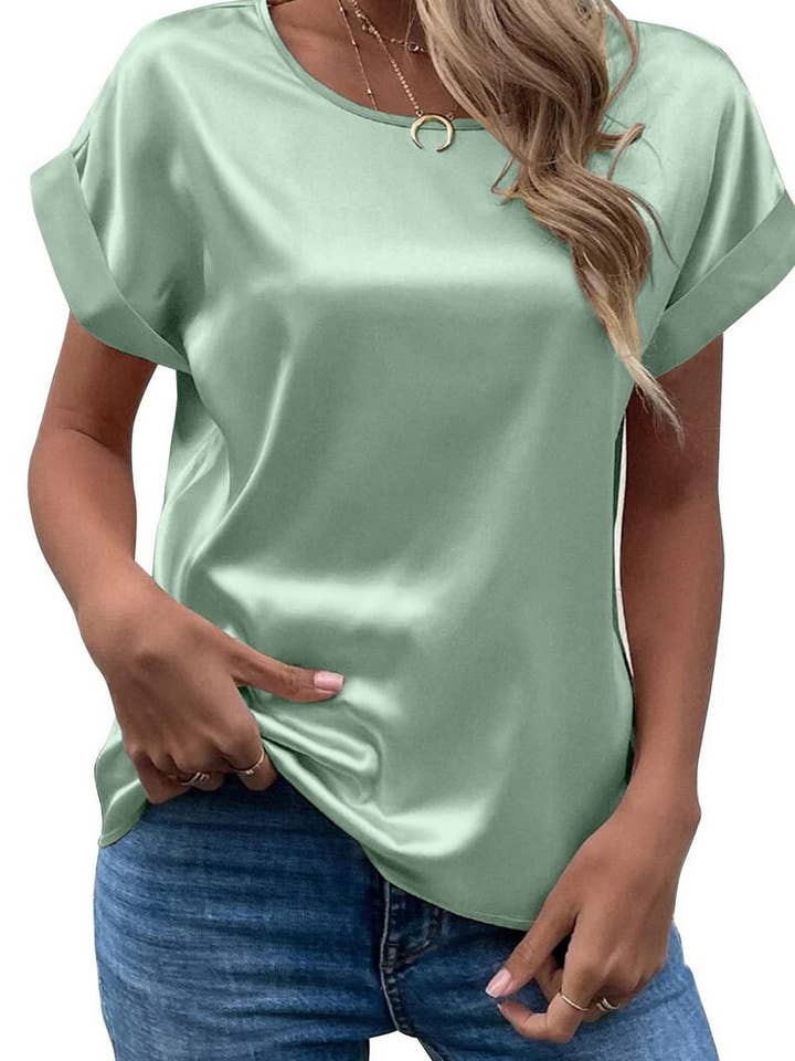 NINEXIS - Wholesale Blouse - Women's - CWTBLS1775_SATIN ROUND NECK LOOSE SHORT-SLEEVED TOP10