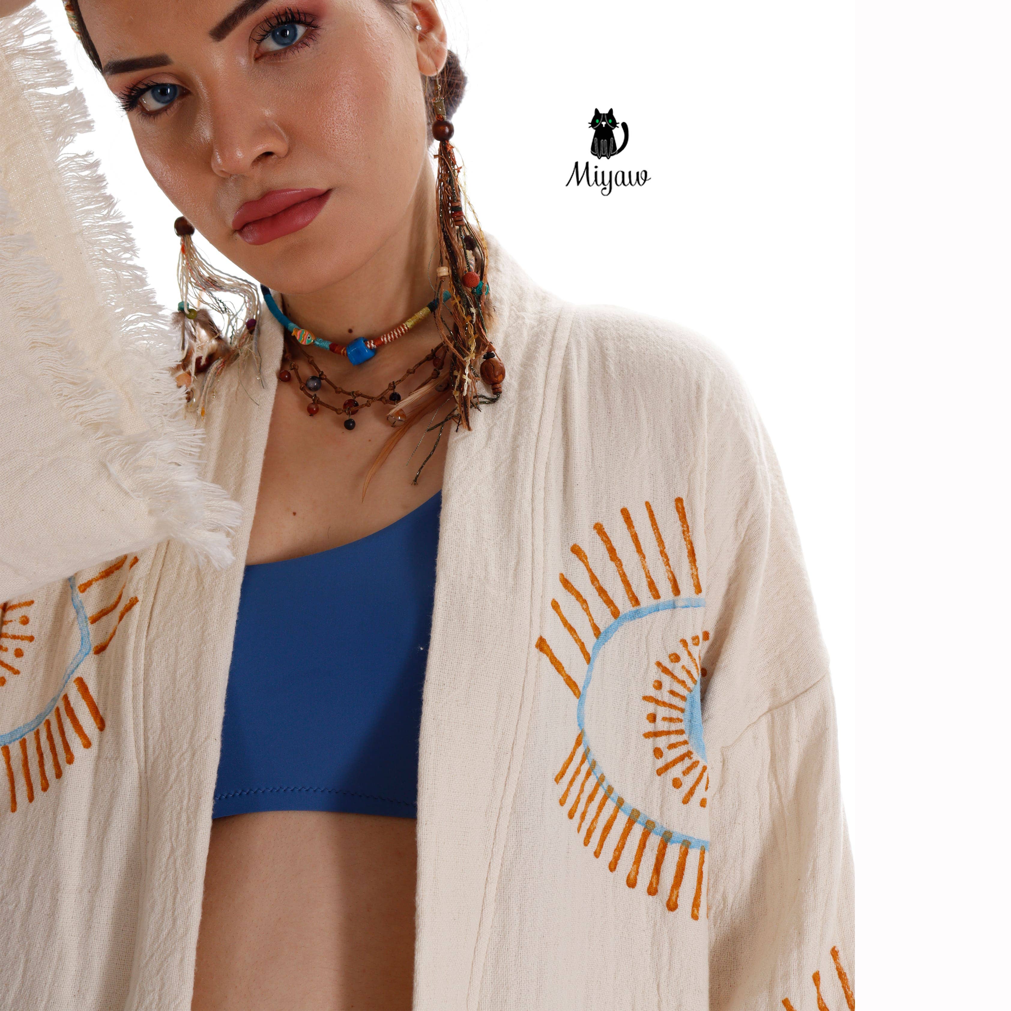 Beige Evil Eye Inspired Blue Caftan - Wholesale Boho Chic Essential for wholesale on Faire6