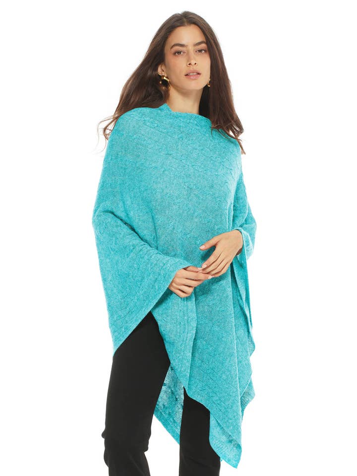 Women's Pure Cashmere Textured Knit Poncho Cyan for wholesale by Monticelli Cashmere