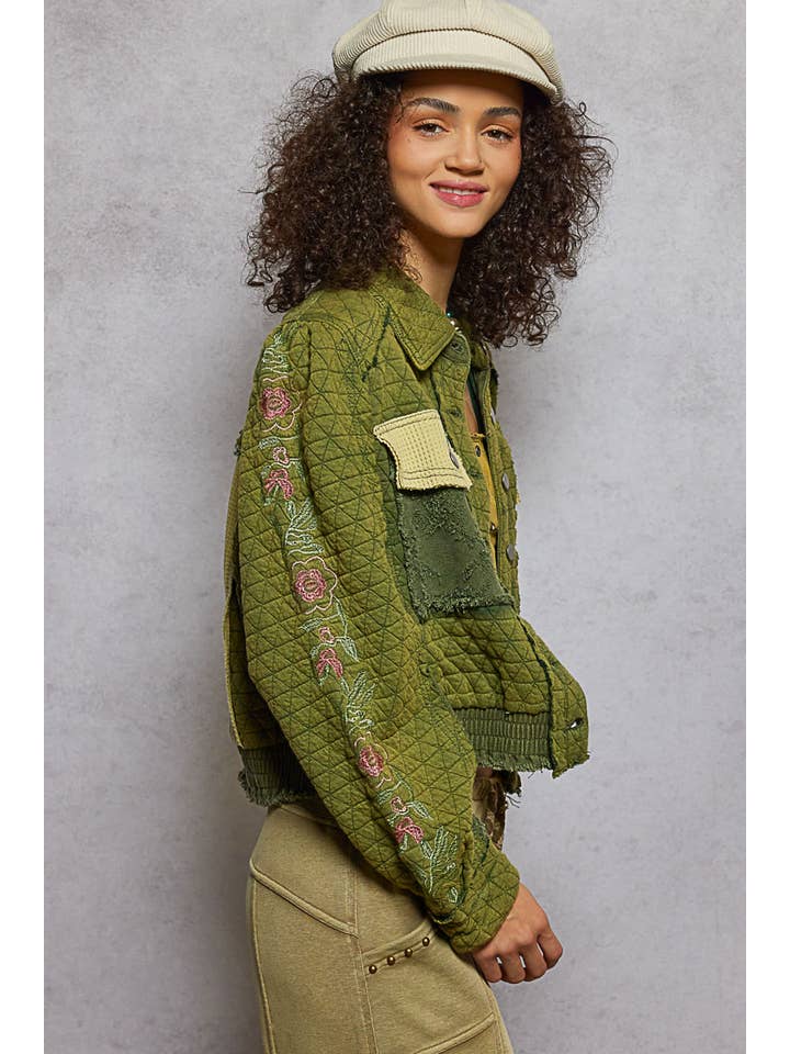 Pol Clothing - Wholesale Jacket - Women's - Vintage washed embroidered sleeve quilted jacket2