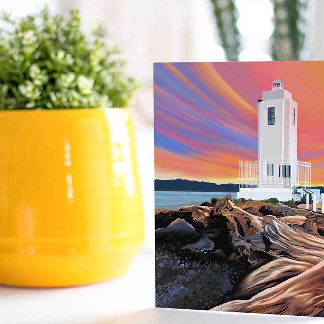 Linda Sholberg Art - Wholesale Everyday Greeting Card - Browns Point Lighthouse - Sunset Tacoma Greeting Card (5x7)