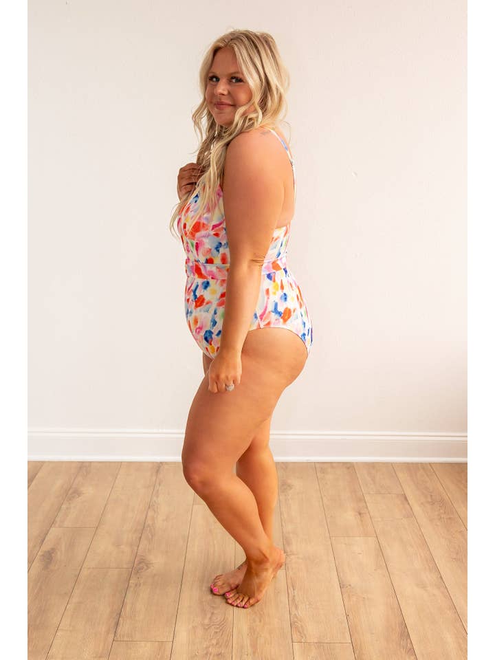 Multi Abstract multicolor one piece swimwear with belt for wholesale on Faire1