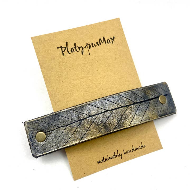 Platinum & Black Rustic Beech Leaf Imprint Leather Barrette for wholesale by PlatypusMax