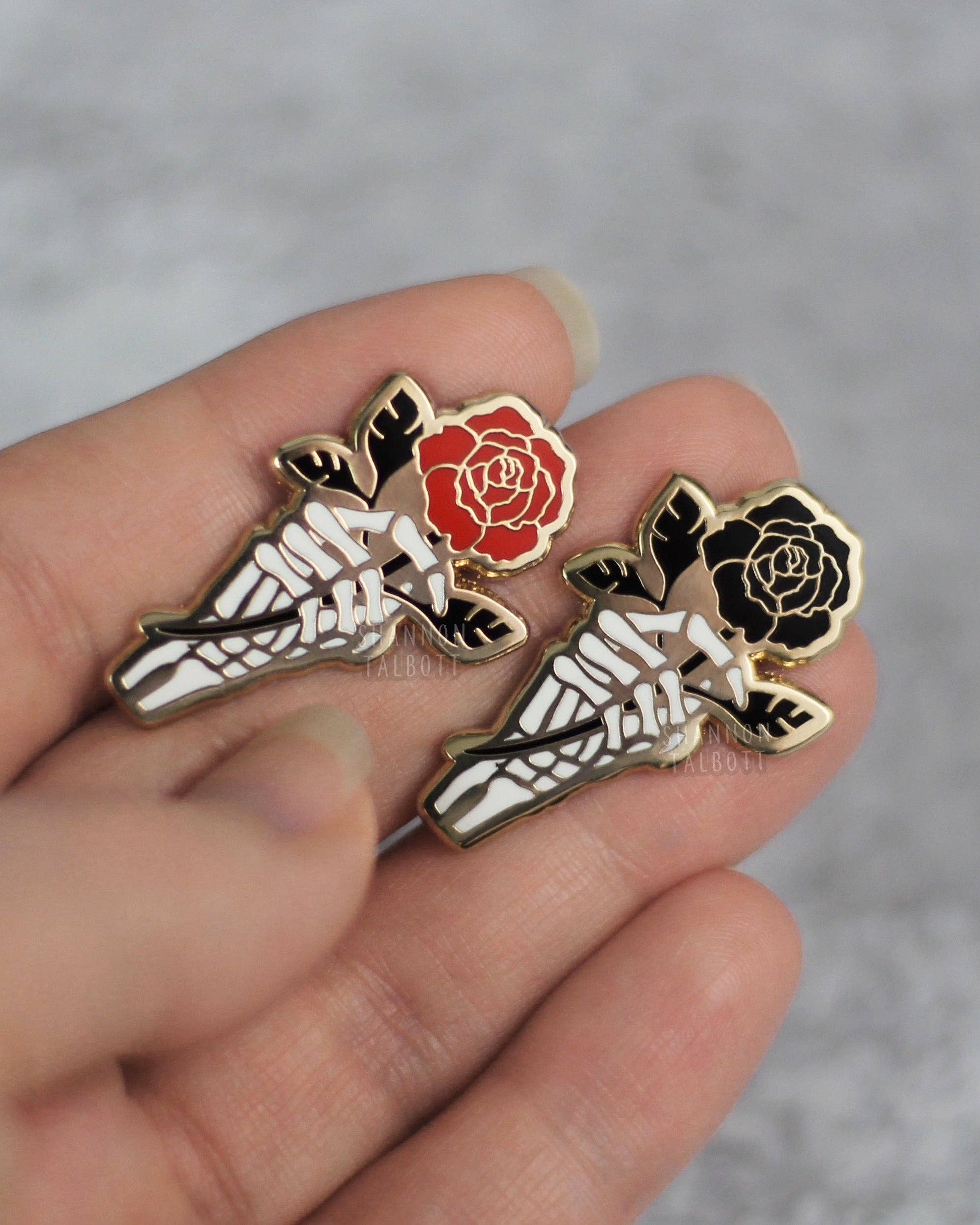 Shannon Talbott - Wholesale Lapel Pin/Button - Skeleton Rose Flower Gothic Enamel Pin - Black1
