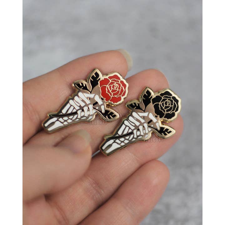 Shannon Talbott - Wholesale Lapel Pin/Button - Skeleton Rose Flower Gothic Enamel Pin - Black1