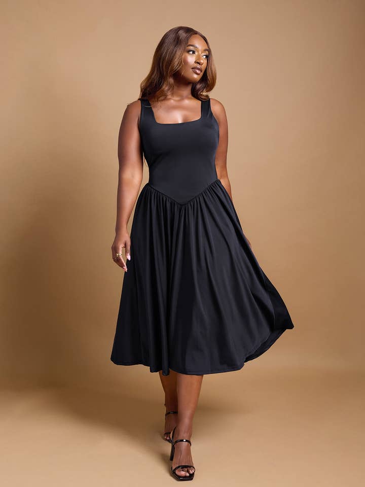 Lillian Asymmetrical Waist Skater Midi Dress for wholesale by REBDOLLS