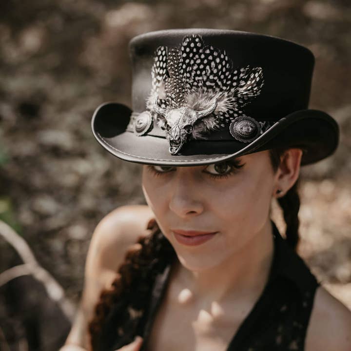 Black Genuine Leather Top Hat - Style Marlow True Grit Hat Band for wholesale on Faire