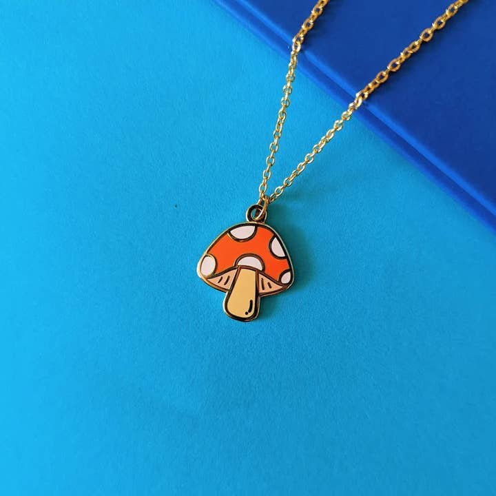 Mushroom Enamel Charm Necklace for wholesale by Quinn's Pins