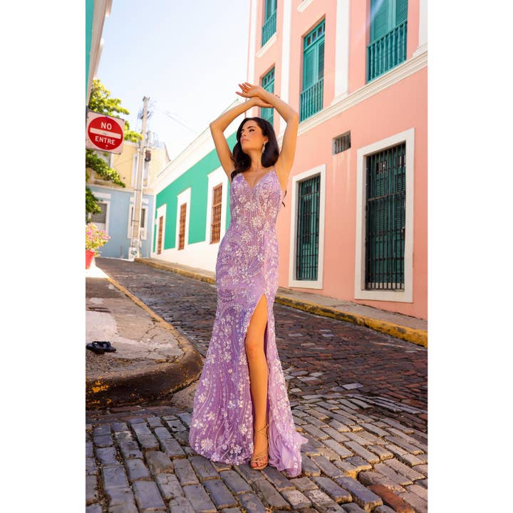 V-Neck Sequin Tulle Gown with Slit-C1458 for wholesale by Noxanabel