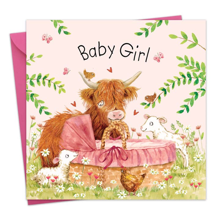 New Baby Girl Card - Highland Cow for wholesale by Twizler Ltd