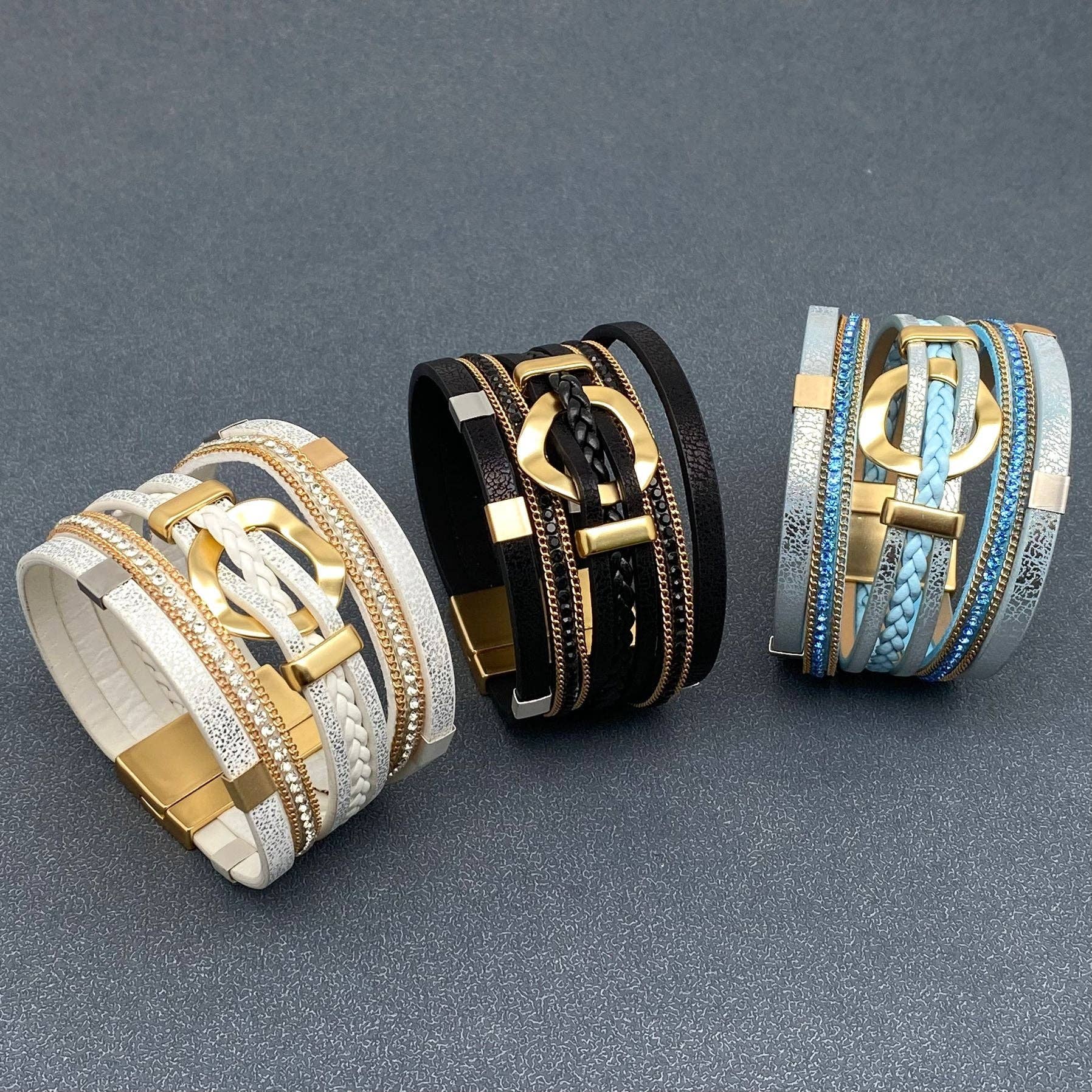 Mio Queena - Wholesale Bangle Bracelet - LB - Circle Charm Multi-Layer Rhinestone & Leather Bracelet3