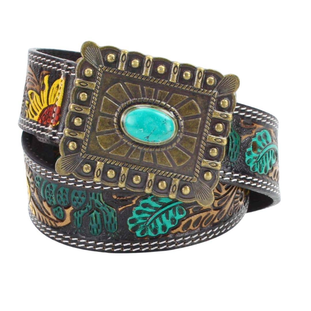 Leather Impressions Inc - Wholesale Belt - Women's - Sunflower Tooled Belt w/ Contrast Stitch ABBWST 381