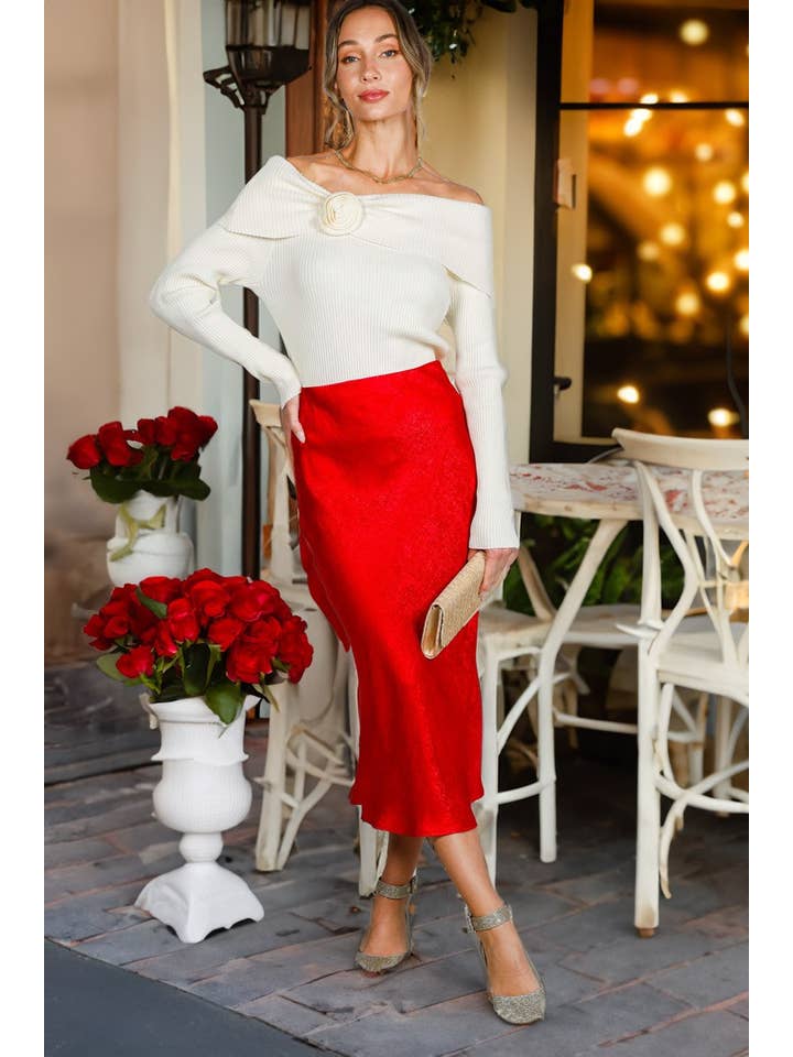 Vine & Love - Wholesale Knit Sweater - Women's - Rose Corsage Off The Shoulder Rib Knitted Sweater VT8259214
