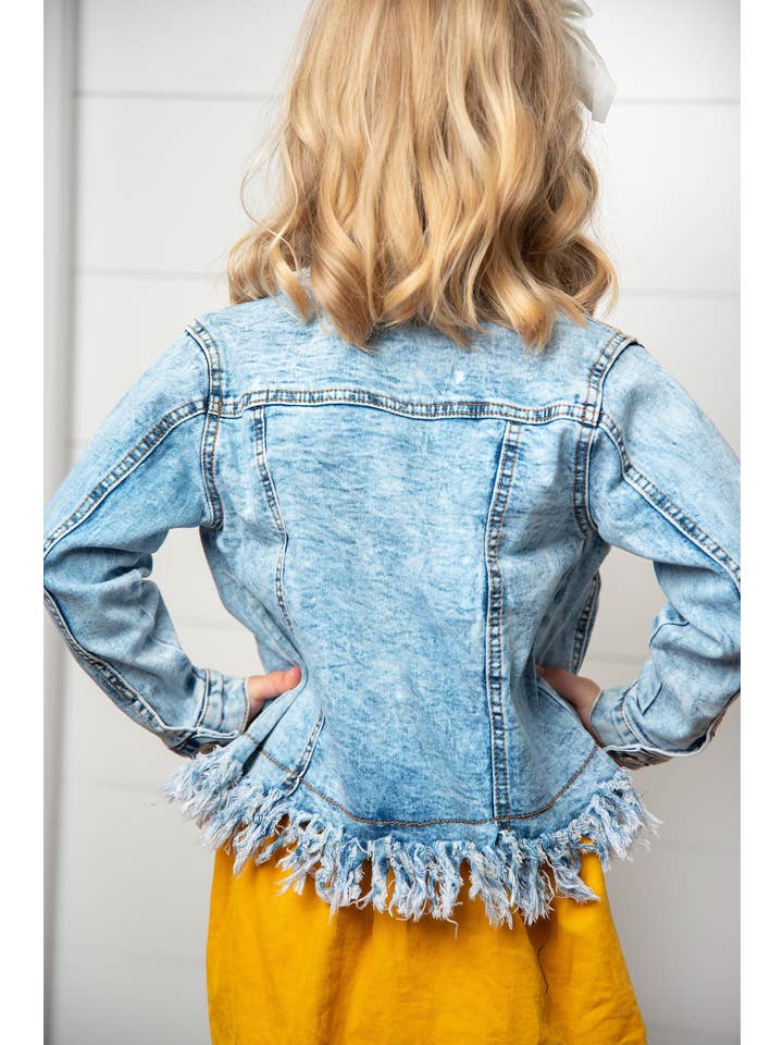 Oopsie Daisy - Wholesale Denim Jacket - Kids - Kids Light Wash Faded Denim Fringe Winter Button Jacket