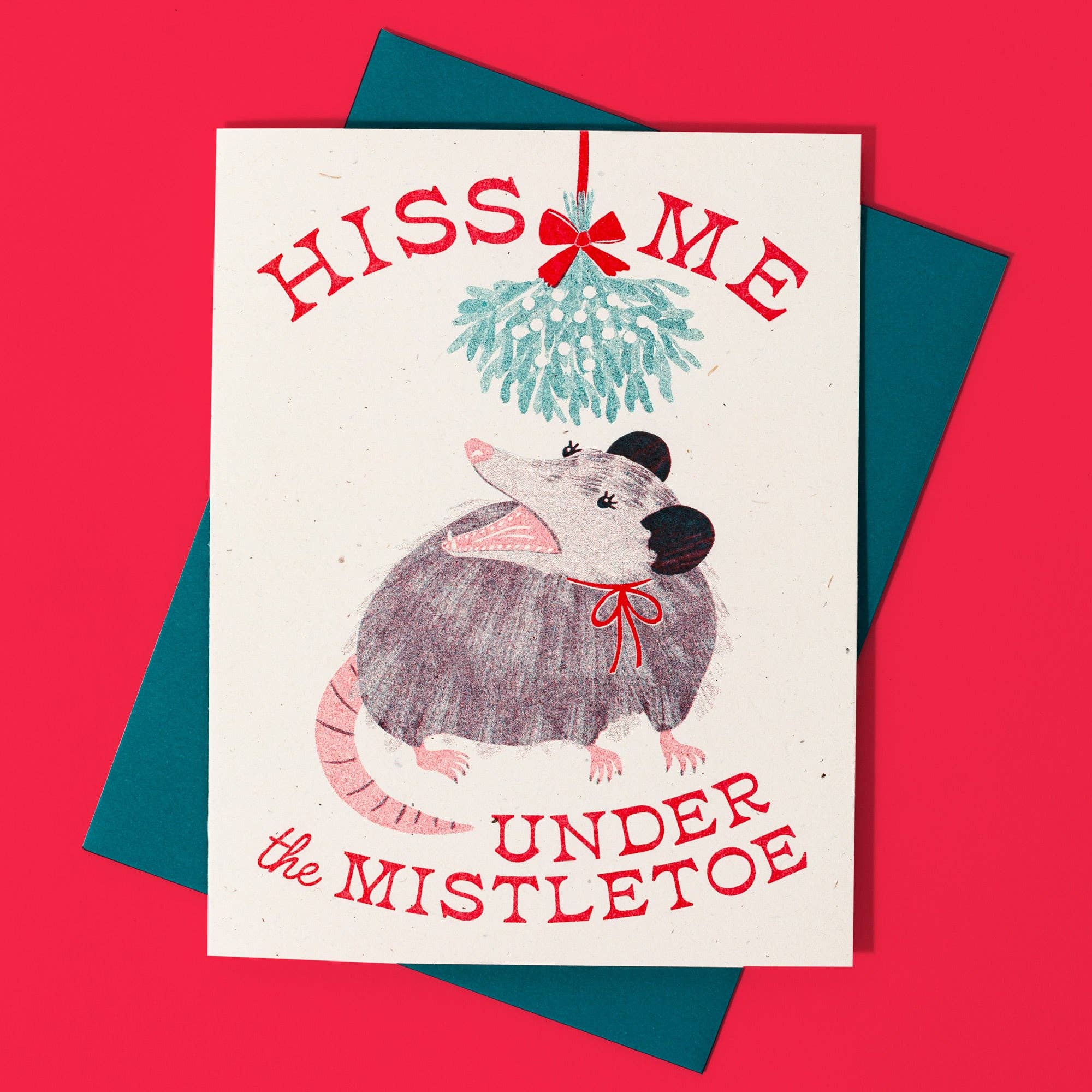 Bromstad Printing Co. – wholesale Christmas card – Hiss Me Under the Mistletoe - Risograph Christmas Card2