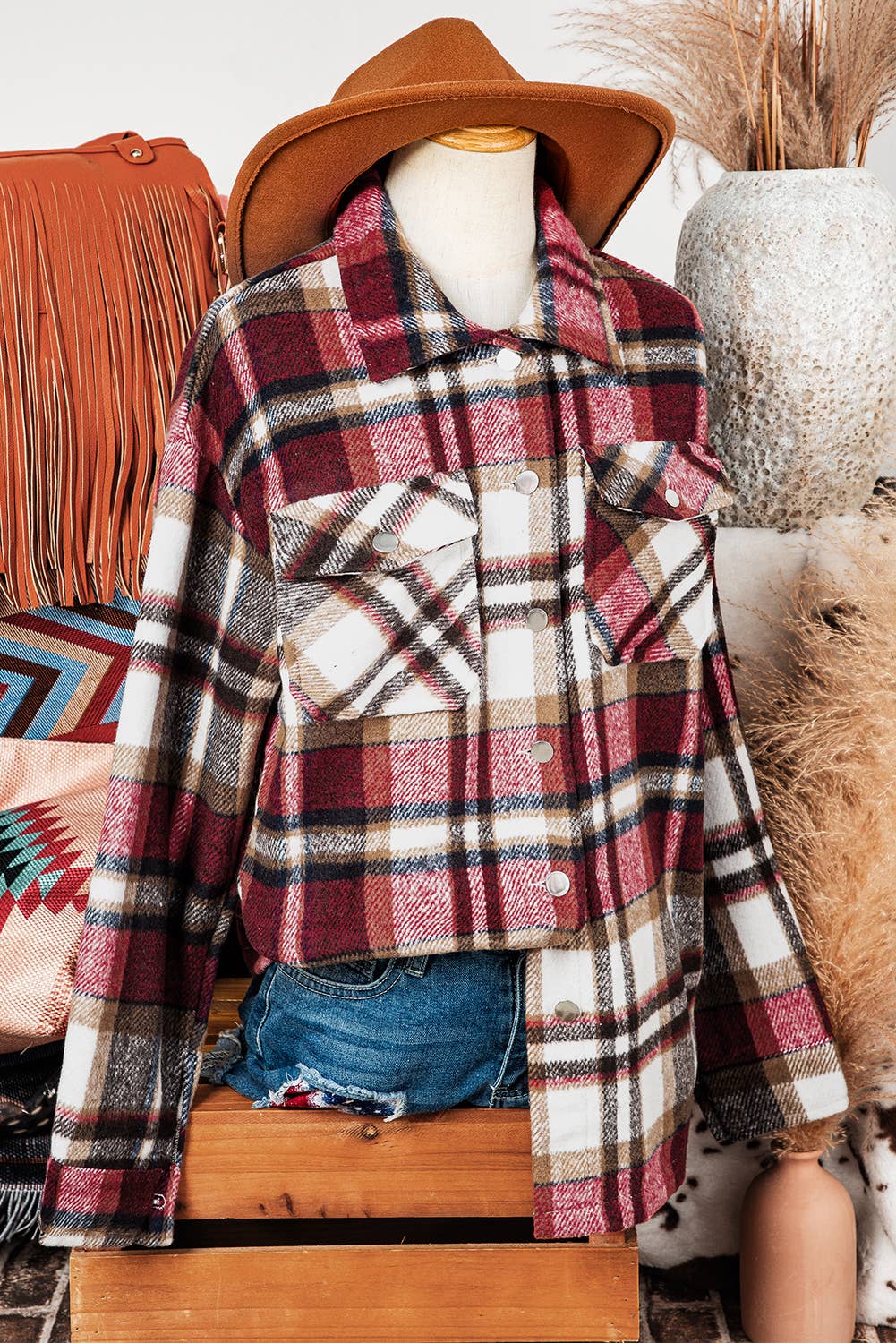 fashionworks - Wholesale Shirt Jacket/Shacket - Women's - Geometric Plaid Print Pocketed Shacket16