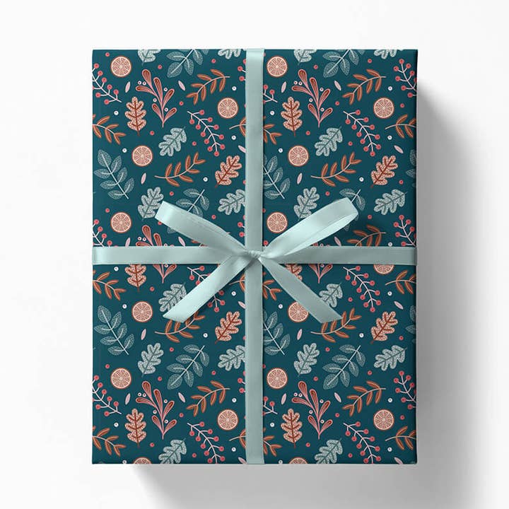 Dark Blue Botanical Christmas Gift Wrap for wholesale by Jess A Little Creative