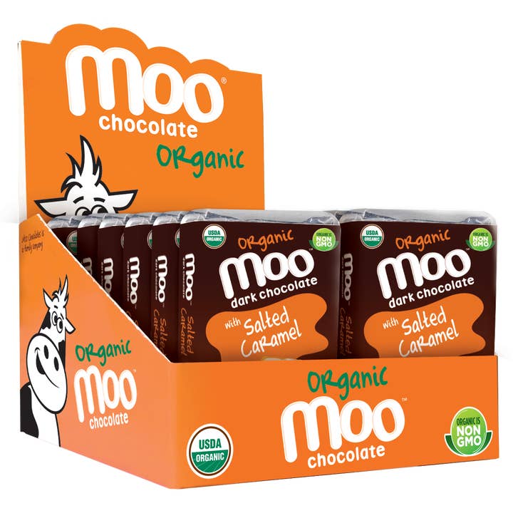 MOO Organic Chocolates - Wholesale Chocolate Bar - Organic Dark Chocolate Salted Caramel Mini Bars, 0.7 oz1