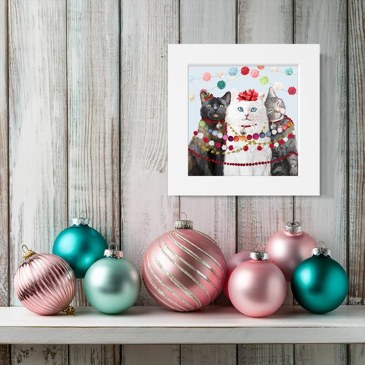 Cathy Walters Art - Wholesale Art Print - Festive Cat Trio Happy Square1
