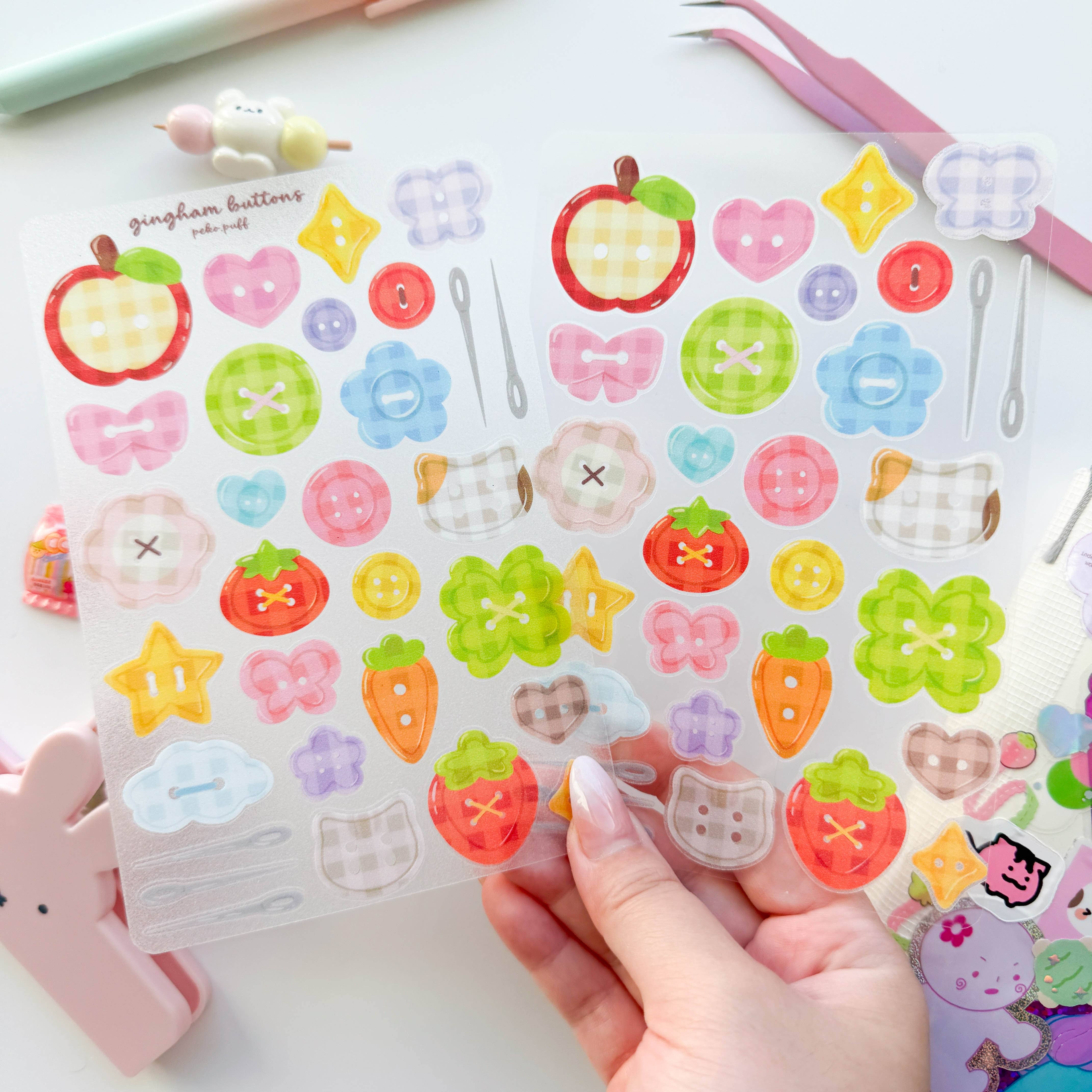 PekoPuff - Wholesale Sticker - Gingham Buttons Clear Glittery Deco Sticker Sheet2