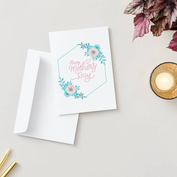 Elegant Floral Mother's Day Card, Blue Pink Flowers, Modern Geometric Design for wholesale by Allison Kay Designs Co.