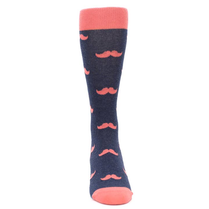 Statement Sockwear - Wholesale Socks - Men's - Coral Navy Mustache Groomsmen Wedding Men’s Dress Socks